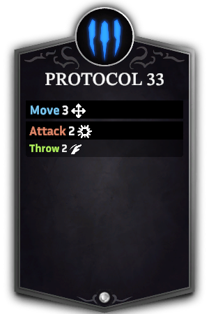 Sentinel's Protocol 33 action card: Move 3, Attack 2, Throw 2